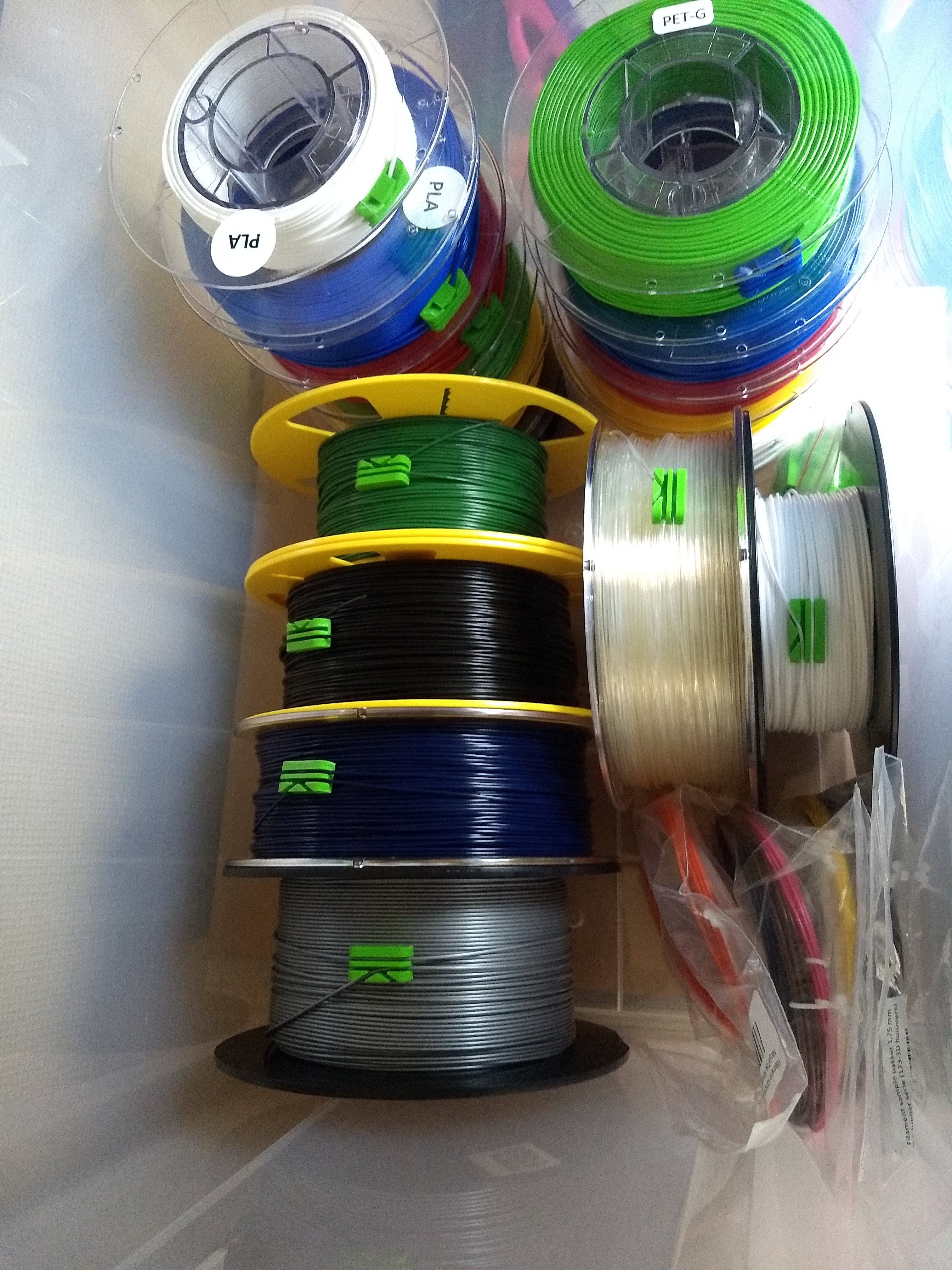 A big box of filament spools